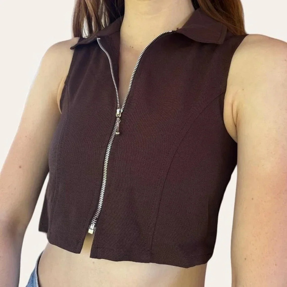 90s vintage collared zip-up brown crop top Jazz Kids/All That Jazz XXS/XS - Picture 4 of 6